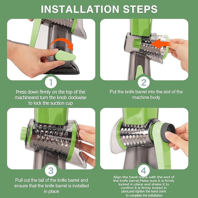 Rotary Cheese Grater Multi-Purpose Stainless Steel Shredder- Cheese Grater With handle Effortless Grating of Vegetables, Nuts and Fruits,with Suction Base and Cleaning Brush (green)