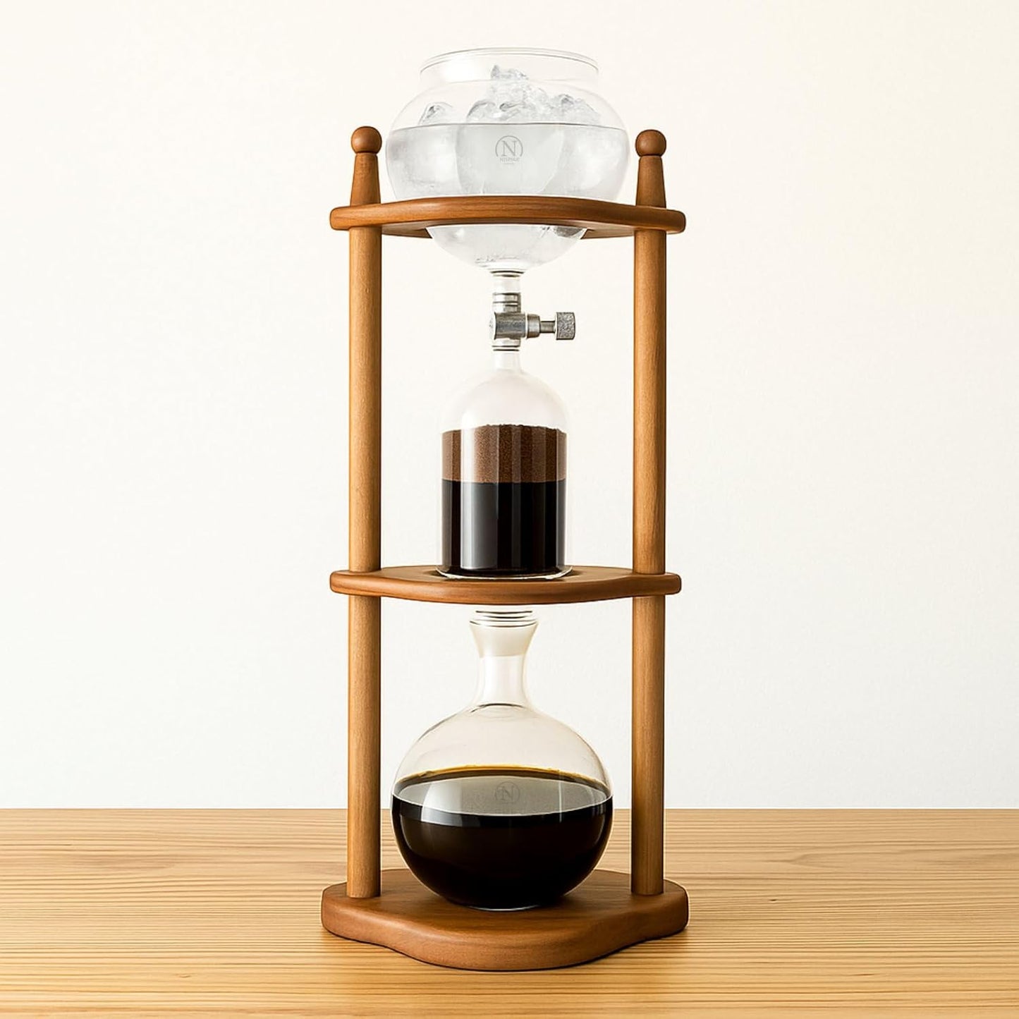 Nispira Cold Brew coffee Maker Ice Coffee Drip Machine with Advanced Slow Drip Technology Borosilicate Glass with Wood Tower, 6-8 Cup, Brown