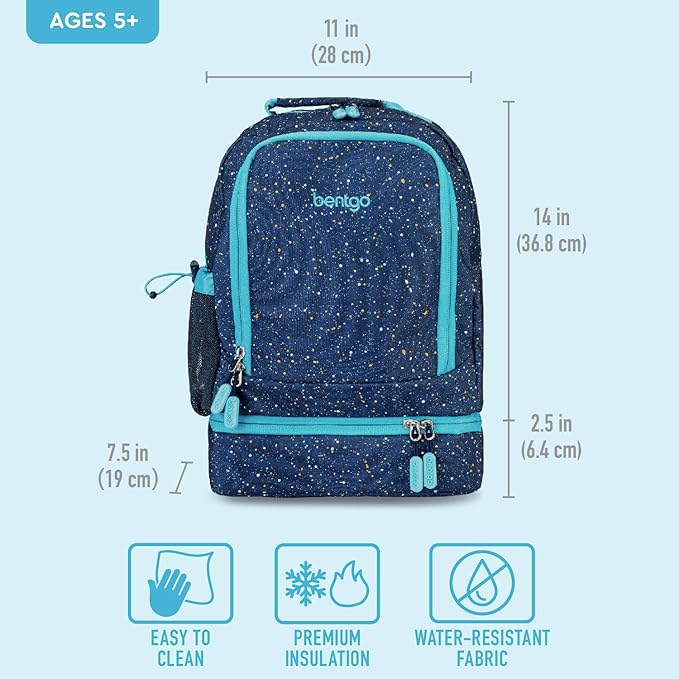 Bentgo Kids 2-in-1 Backpack & Insulated Lunch Bag - Confetti Designed 16” Backpack for School & Travel -, Durable, Water Resistant, Padded, & Large Compartments (Confetti Edition - Abyss Blue)