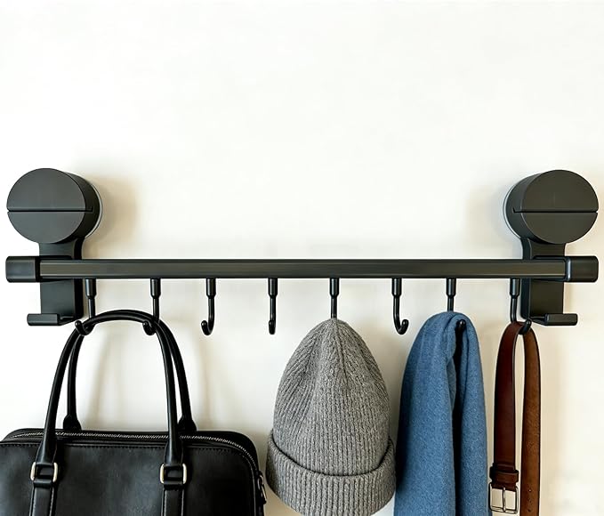 Wall Mounted Utensil Hook Rack with 8 Hooks, No Drill Installation, Space Gray Finish, Kitchen Organizer for Coats, Bags, and Accessories，Suction Cup Storage (2 Pack)