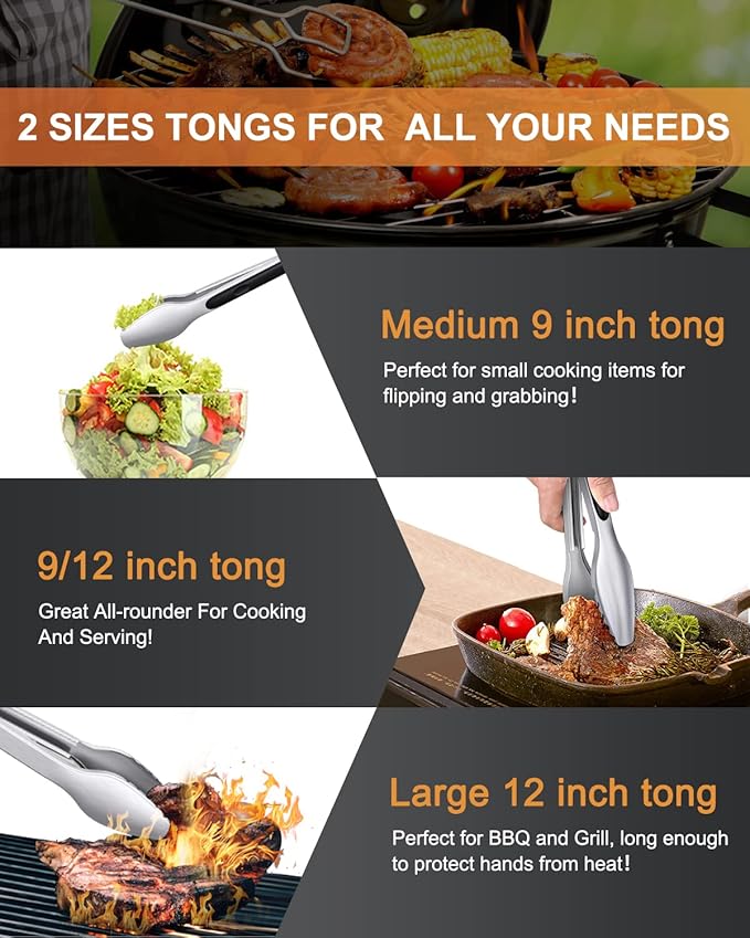 Cooking Tongs with Teeth, Premium Stainless Steel Kitchen Tongs Set of 2-9" and 12", Heavy Duty Locking Metal Food Tongs with Non-Slip Grip - Black