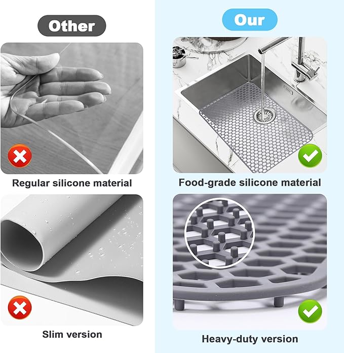 Silicone Sink Mat 25.78"x 14" Heat Resistant Sink Protectors for Kitchen Sink Bottom, Non-Slip Faucet Mat for Stainless Steel（Rear Drain）
