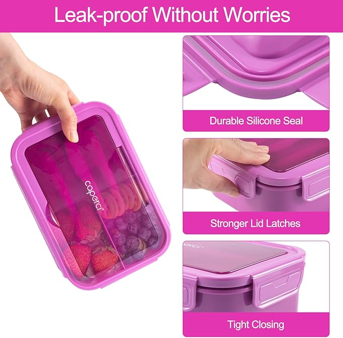 Caperci Classic Bento Lunch Box for Adult & Older Kids - Leakpoof 47 oz 3-Compartment Lunch Containers for Adults and Teens, Built-in Utensil Set, Ideal for On-the-Go, Purple