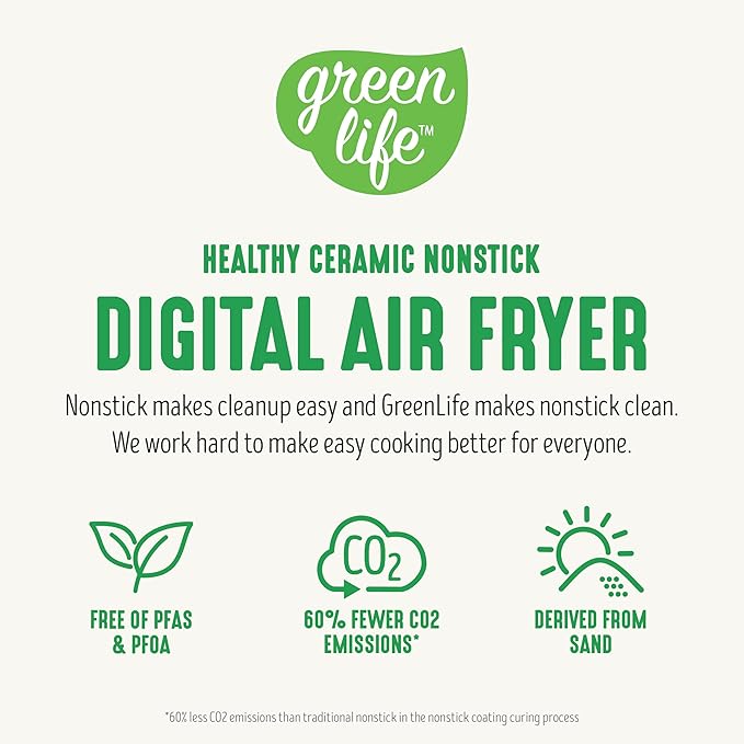 GreenLife Compact Electric Air Fryer Oven, 5.3 QT, PFAS-Free Ceramic Nonstick Drawer, 8 One Touch Digital Display, Easy View Window, Auto Shut-Off Timer, Dishwasher Safe Parts, 1500 Watts, Sage
