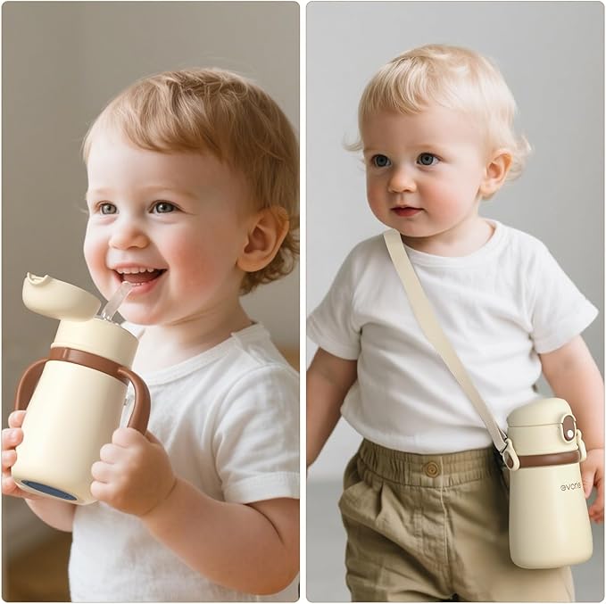 Evorie 11oz Leak Proof Vacuum Insulated Stainless Steel Sippy Cup for Toddlers (1 Pack, White) + Replacement Straw Set Bundle