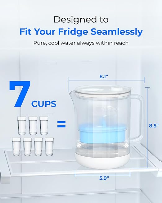 Waterdrop PT-72C-A Glass Alkaline Water Filter Pitcher, 7-Cup, Eco-Friendly, Enhances Alkaline Water, for Home & Office, Reduces PFOA/PFOS, Chlorine, Cadmium, Copper & Mercury, Clear