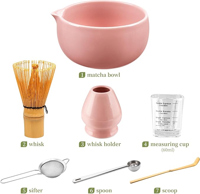 YIBO Matcha Whisk Set Pink, Handcrafted Bamboo Chasen & Ceramic Bowl Matcha Kit, Holder, Stainless Steel Sifter, Scoop Measuring Spoon & Cup Tools for Matcha Tea Ceremony
