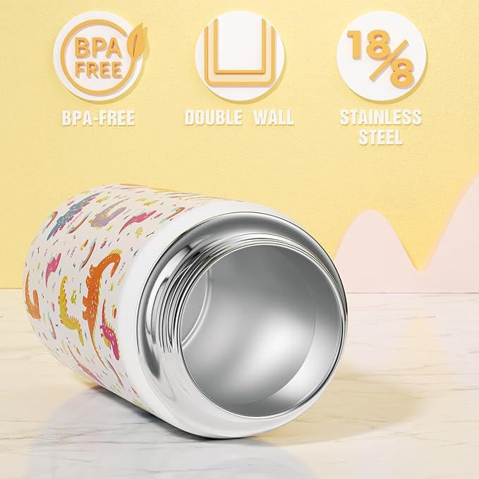 Fimibuke Kids Insulated Water Bottle, 14oz BPA FREE 18/8 Stainless Steel Travel Tumbler Double Wall Vacuum Leak Proof Kids Cup with Straw Metal Bottle for School Boys Girls(1 Pack, WHITE DINOSAUR)