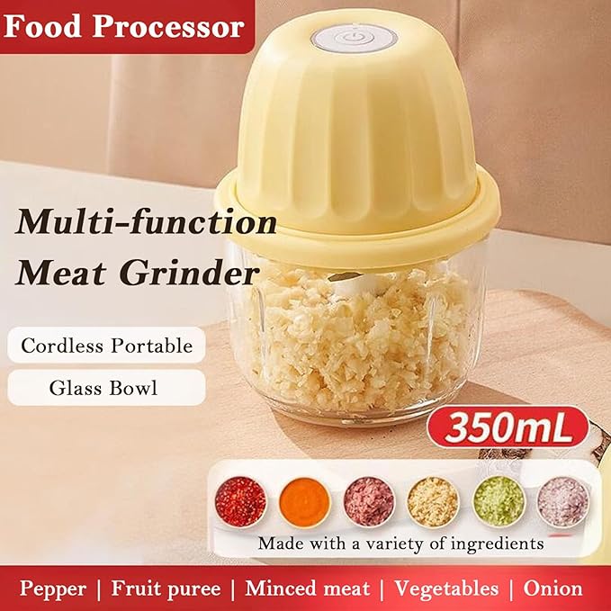 Food Processor Electric, Cordless Mini Food Chopper, 350ML High-Capacity Glass Blender,Type-C Rechargeable, for Garlic, Ginger, Chilli, Onion, Vegetable, Fruit Salad