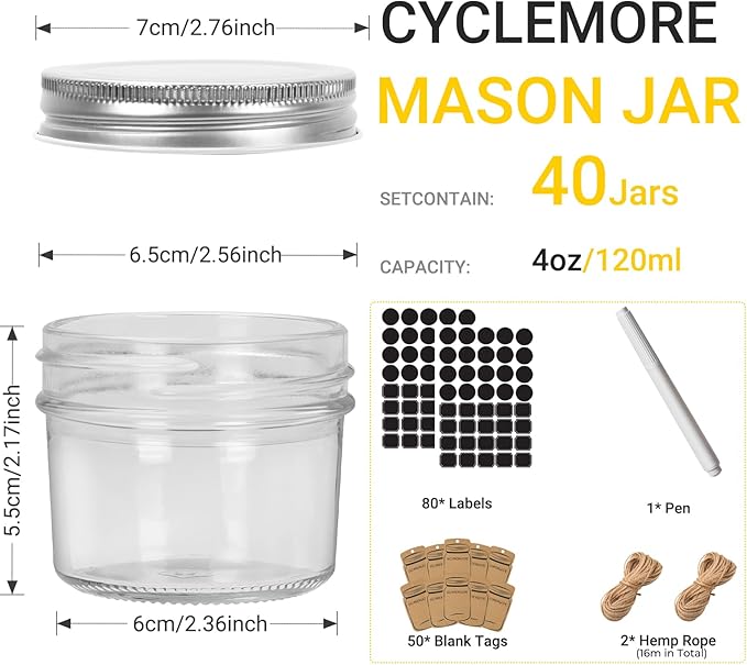 CycleMore 40 Pack 4oz Clear Mason Jars With One Piece Silver Lids, Mini Glass Canisters, Spice Bottles, Canning Jars for Honey, Jam, Jelly