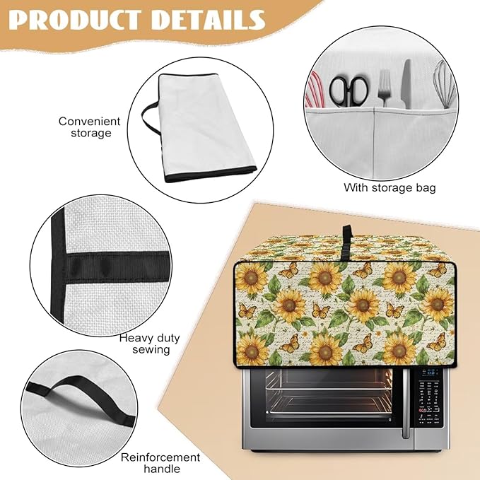 Countertop Convection Oven Cover Dust-Proof Toaster Oven Cover with Accessories Pockets, Countertop Convection Oven Protector, L, Sunflower Butterfly Retro Letter Print
