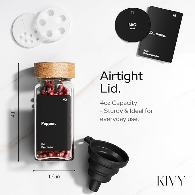 KIVY Spice Jars with Labels [24x 4oz] Glass Seasoning Containers with Airtight Lids for Organization - Empty Square Bottles for Spices & Seasonings with Shaker Lids - Spice Containers Wood Bamboo