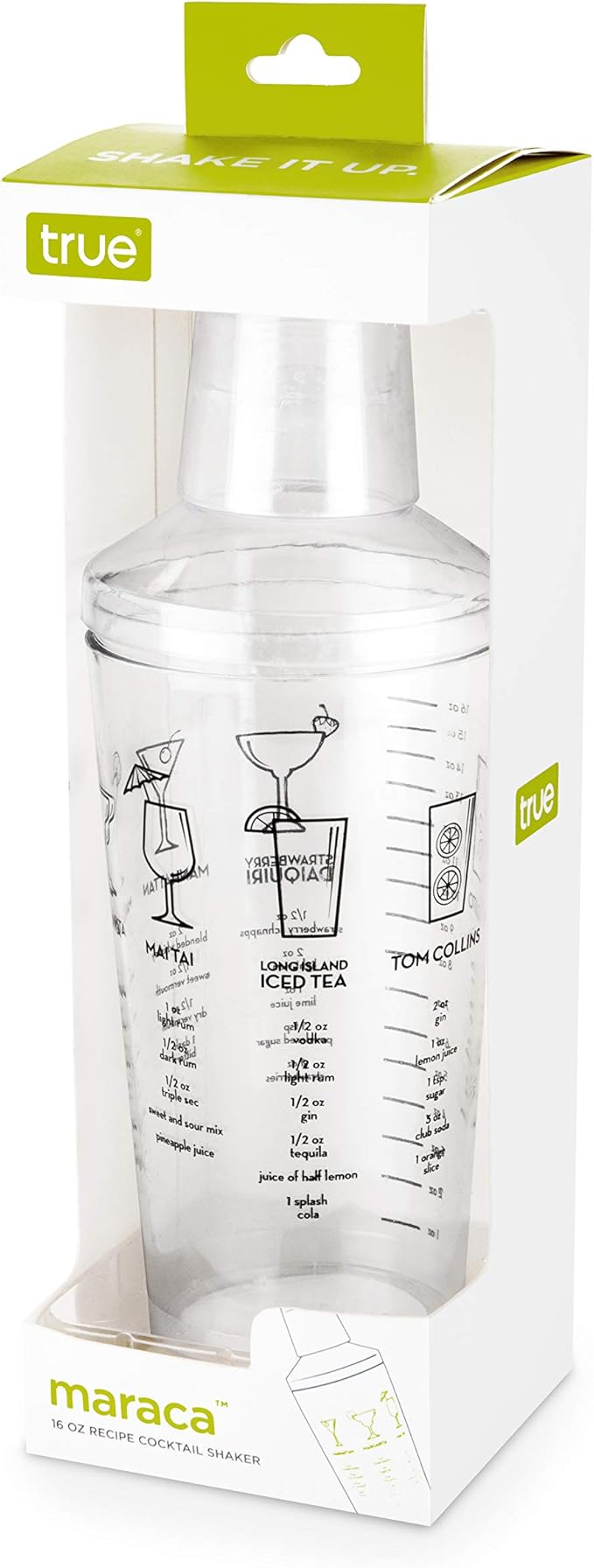 True Maraca Cocktail Shaker with Built In Strainer, Drink Mixer with 7 Classic Drink Recipes & Measurements, Perfect for Game Nights, BBQ, House Party, Picnic, Home Bar Accessories, 16 oz, Set of 1