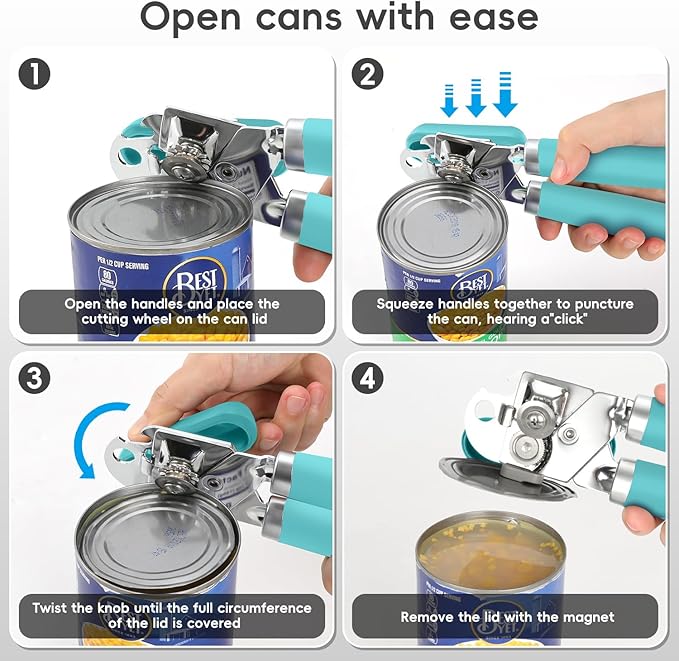 Can Opener Manual, UHIYEE Hand Held Manual Can Openers Heavy Duty with Smoother Cut Sharp Blade, Manual Hand Can Open with Soft Handle, Easy to Turn Knob, Magnetic Lid Lifter, Turquoise
