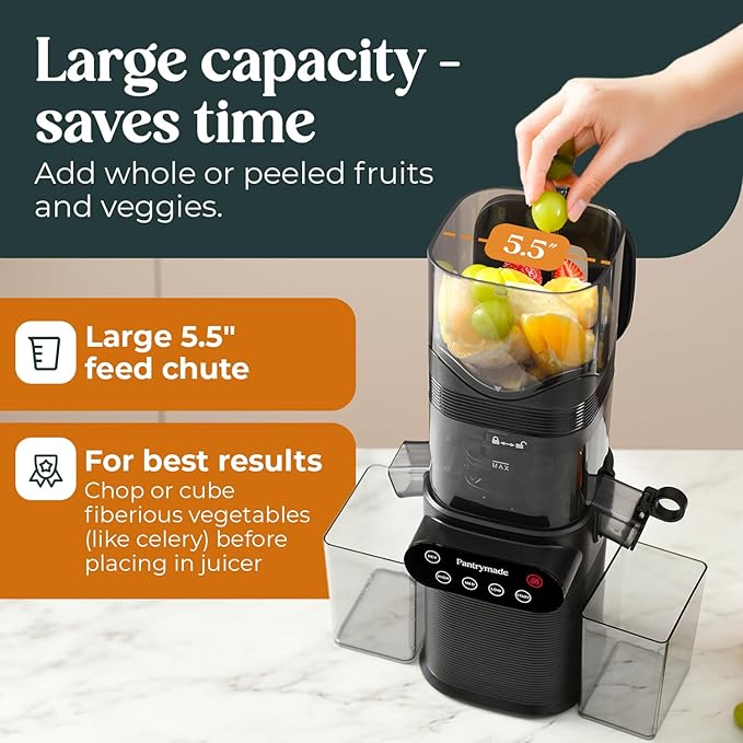 Pantrymade Juicer Machines, Cold Press Juicer for Whole Fruits and Vegetables, Slow Masticating for High Juice Yield, 5.5" Large Feed Chute, Easy to Clean, BPA Free, Powerful Brushless Motor, Black