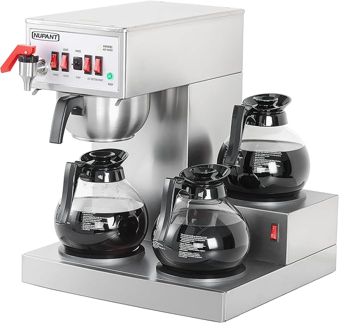 NUPANT 12 Cup Commercial Coffee Maker, Auto Filling Drip Coffee Maker Machine with 3 Glass Carafes 3 Warmers, Stainless Steel Pour Over Coffee Brewer with Hot Water Supply for Restaurant Office Cafe