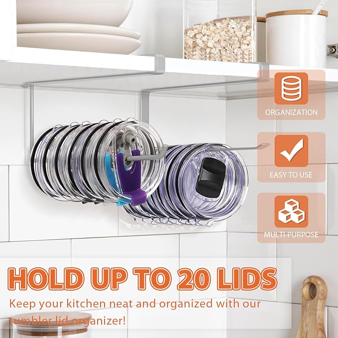 2 Pack Tumbler Lid Organizer, Horizontal Tumbler Lid Storage Hook Up to 20 Lids, Space Saving Cup Lid Holder Under Cabinet Tumbler Lid Hook for Kitchen Organizer, Paper Towel Hanger(Round&Flat, Grey)