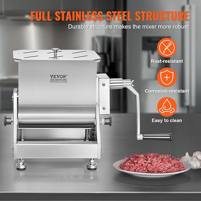 VEVOR Manual Meat Mixer, 15 Pound Capacity Tilt Tank Meat Mixer, Stainless Steel Meat Processing Equipment, Sausage Mixer Machine with Lid and Handle, Ground Beef Hand Mixer, Silver