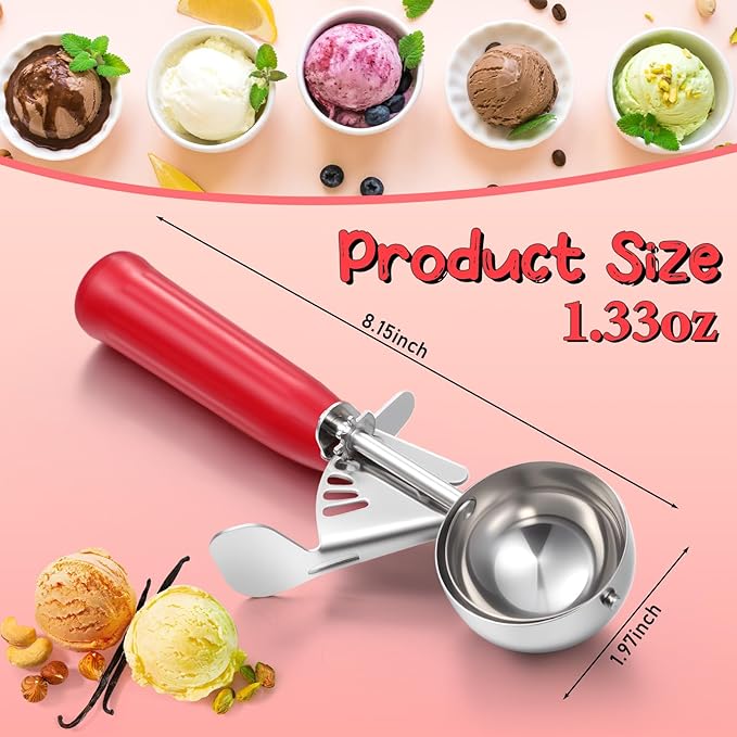 Reallnaive 2 Pcs Release Cookie Scoops Ice Cream Scooper with Trigger Release Portion Scoop Stainless Steel for Portion Control, Baking Food, Cookie Dough (1.33 oz,Red)