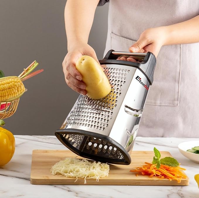 Multifunctional Stainless Steel Grater Slicer with Handle, Large 4 Sides Cutter for Ginger, Garlic, Cucumbers, Carrots, Cheese, Potato，Dishwasher Safe （Black）