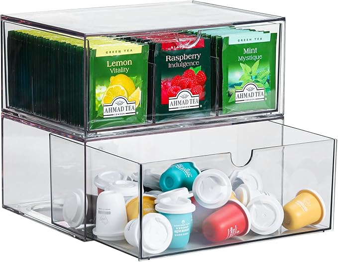 CLUQMEIK 2 Acrylic Tea and Coffee Organizer, 9 Grids Tea Bag Organizer Box and 1 Compartment Coffee Pod Storage Box, Acrylic Drawers Stackable Design Suitable for Storing Pods Creamers Sugar Packets
