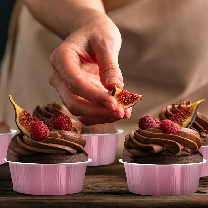 Tessco for you 100 Pcs Disposable Ramekins with Lids 8 oz Creme Brulee Ramekin Aluminum Foil Cup Cupcake Liner Baking Valentines Disposable Muffin Tin Pan Cheesecake Container (Pink,Silver)