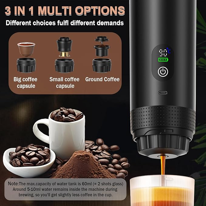 Portable Battery Espresso Coffee Maker for Travel - 20 bar Mini Car Espresso Machines, 3-in-1 Self-Heating Electric Espresso Maker, USB-C Ground Coffee & Capsule Pod(Ns&DG) RV, Hiking, Office