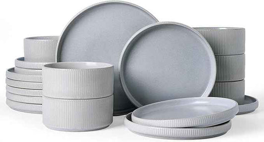 Famiware Star Dinnerware Set, Plates and Bowls Sets for 6 (18pcs), Ribbed Stoneware Dishes - Chip & Scratch Resistant, Microwave & Dishwasher Safe Kitchenware, Matte Gray