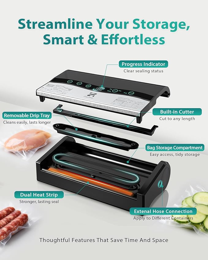 90kPa 10-in-1 Vacuum Sealer for Food, Double Heat Seal for for Bulk Meat Portioning, Dry & Moist Modes, Built-in Cutter and Bag Storage, Starter Kit with Bag Rolls and Hose, Black