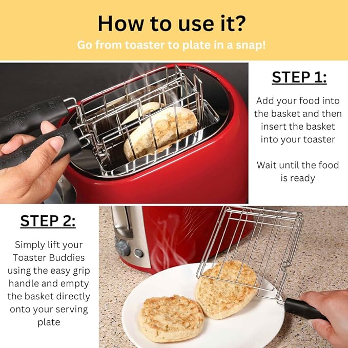 TOASTER BUDDIES, 2-Piece, Toaster basket, Sandwich Racks, 2 Slice-Toaster, Compatible with allmost all pop-up toasters, Toaster gadget, Regular, Black