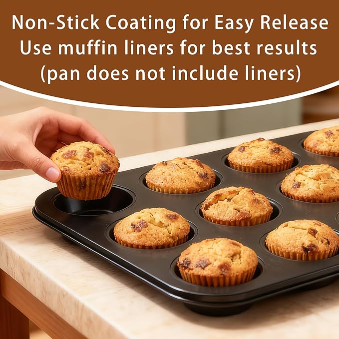 2 Pack Muffin Pans for Baking, Large Muffin Pan 12 Cup, Premium Steel with Nonstick Coating, Easy to Clean, Durable Bakeware for Even Baking, Perfect for Muffins and Cupcake, Black