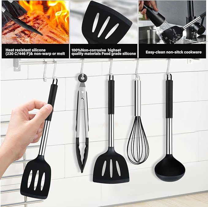 KSENDALO Silicone Cooking Utensils Set of 26, Heat Resistant Kitchen Utensils Set of Spatulas, Spoons, Whisk, Tong, Non Toxic Black Kitchen Tool Set with Holder for Nonstick Cookware, Dishwasher Safe
