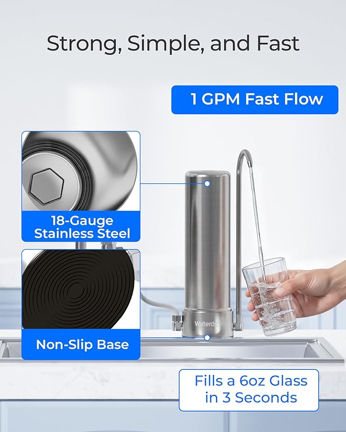 Waterdrop CTF-01 Water Filter for Sink Faucet, NSF/ANSI 42 Certified Countertop Water Filter System, 5-Stage Stainless Steel Faucet, Reduces Heavy Metals and 99% Chlorine, 8000 Gallons, 1 Filter