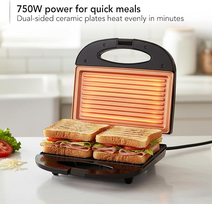 OVENTE Electric Panini Press Grill with Nonstick Plates, LED Indicator Lights, Thermostat Control, Compact Sandwich Maker Perfect for Cooking Breakfast, Steaks, Eggs Snacks & More, Copper GP0110CO