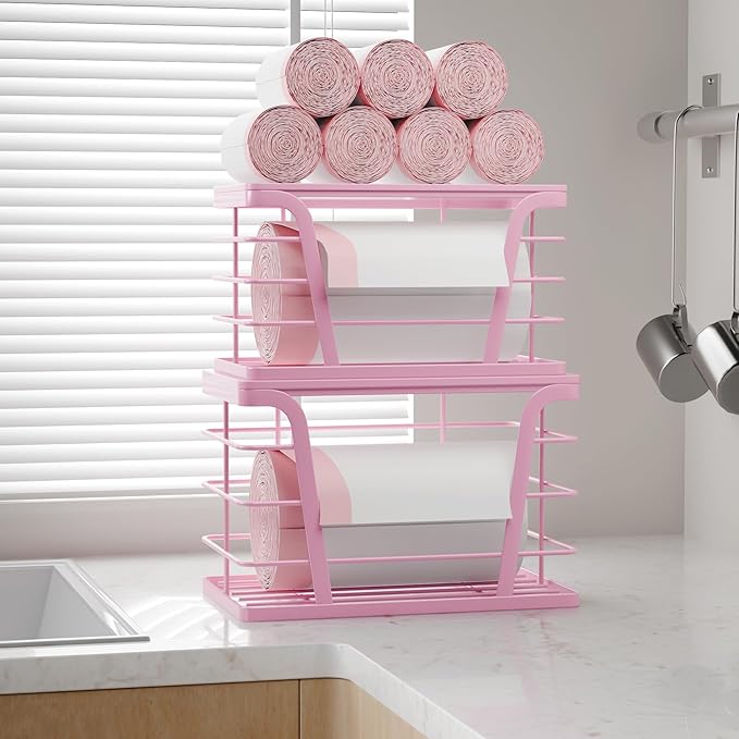 2 Pack Pink Trash Bag Holder - Stackable Garbage Bag Dispenser with Bamboo Top, Kitchen Accessories & Decor, Wall Mount Storage for Kitchen, Home, Bathroom Decor & Gifts