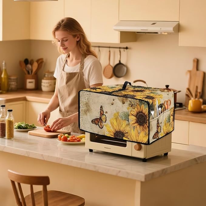 Convection Toaster Oven Cover with Pockets, Easy to Clean, Smart Microwave Baking Oven Dust Cover for Countertop, M, 16.5 x 20.5 x 10 inches, Retro Sunflower Butterfly