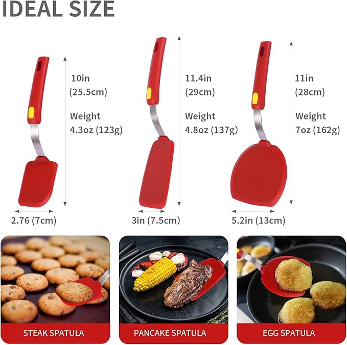 Kitchen Spatulas Silicone Turner Heat Resistant Melt Proof Spatula Set for Nonstick Cookware,Flexible Non Scratch Thin Spatula Wide,Angled and Flipper 3-pack for Frying Eggs,Pancake,Burger,Fish.Red