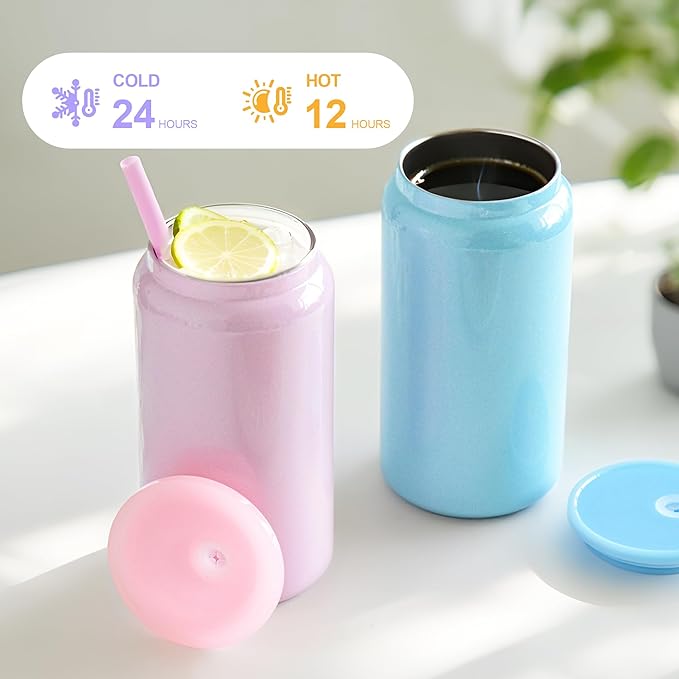 6 Pack Glass Cups with Lids and Straws Unbreakable 16 oz Stainless Steel Can Cup Double Wall Insulated Beer Can Tumbler for Iced Coffee, Juice, Soda, Iridescent-Colored