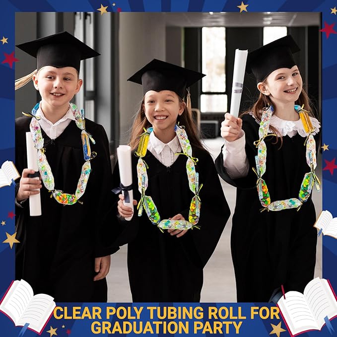 Candy Lei Poly Tubing, 3 Inch x 500 ft Clear Graduation Candy Lei Making Kit with 2 Rolls 250 yd Ribbon, Clear Shipping Poly Tubing for DIY Graduation Wreaths Packing Snacks