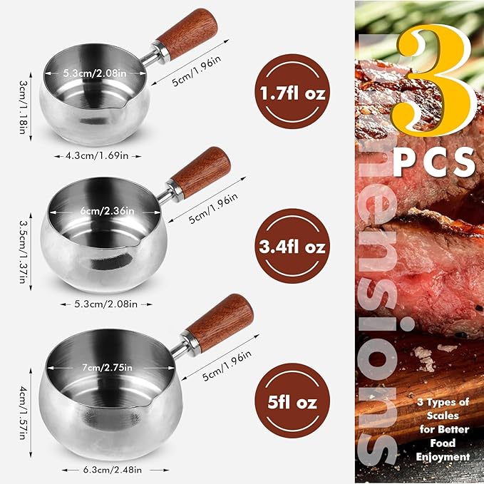 3 Pieces Stainless Steel Mini Sauce Pan with Wooden Handle & Spout, 1.7/3.4/5.1 Oz Silver Small Butter Warmer Saucepan, Reusable Sauce Pot Dipping Bowl (Silver)