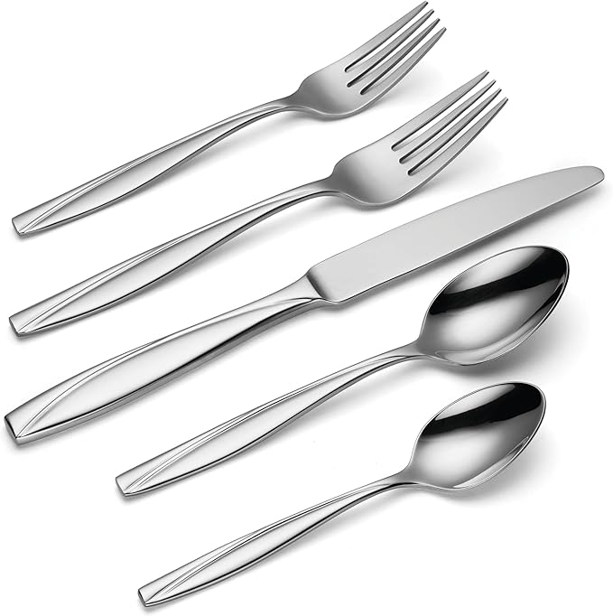 Oneida Silverware Set, Camlynn Mirror 20-Piece Everyday Flatware Set, Service For 4, 18/0 Stainless Steel, Knives Spoons And Forks Sets, Dishwasher Safe, Home and Kitchen Utensils(Silver, 20 Piece)