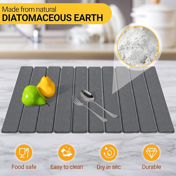 Large Stone Dish Drying Mat for Kitchen Counter - 23"x 15" Super Absorbent Diatomaceous Earth Fast Drying Mat - Collapsible, Easy-to-Clean, Minimalist Design