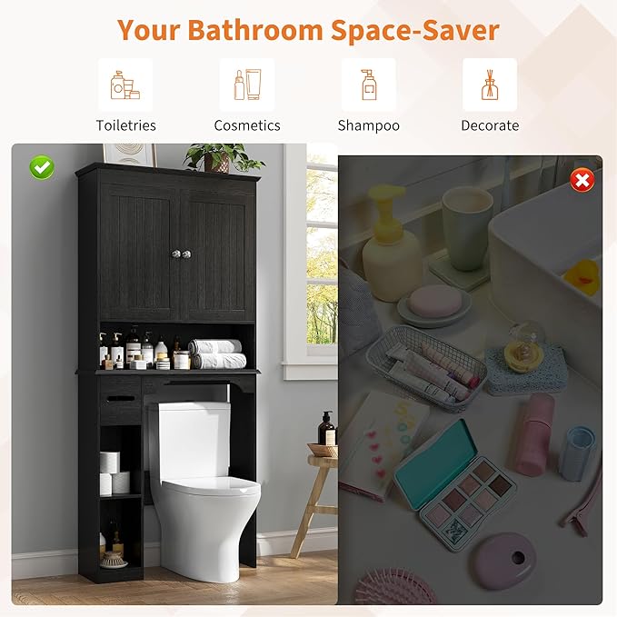IDEALHOUSE 23.6 Inches Wide Toilet Rack with Over The Toilet Storage Cabinet, Bathroom Shelf Organizer with Anti-Tip Device, Small Freestanding Space Saver with Adjustable Shelf (Black 30" W)