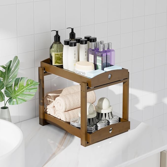 Bamboo Wood Under Sink Organizer 1 Pack, Pull Out Cabinet Organizer 2 Tier Under Sink Organizers and Storage w/Sliding Drawer Sturdy Easy Assembly for Kitchen Bathroom Undersink (Walnut, 2 Packs)