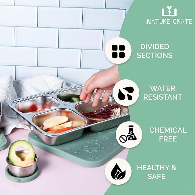 Stainless Steel Lunch Box for Kids 5 and Older – 3 Pieces Stainless Steel Bento Box with 4 Compartments & 2 Snack Containers – Leak Proof, BPA-Free, Eco-Friendly, Dishwasher Safe & Durable – Green