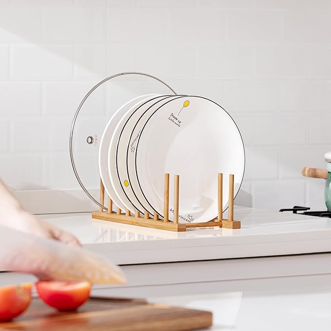 HBlife 4pcs Heighten and Widen Bamboo Dish Drying Rack Plate Bowl Cup Book Pot Lid Cutting Board Stand Drainer Storage Holder Organizer for Kitchen Cabinet