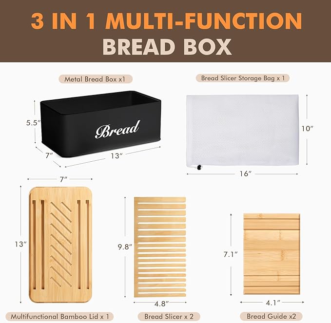 RYTOXILO Bread Slicer with Bread Box, Black Bread Storage Container for Kitchen Countertop with Multifunction Bamboo Lid, 3 in 1 Breadbox for Loaf Slicing & Tray, Bread Holder for Kitchen