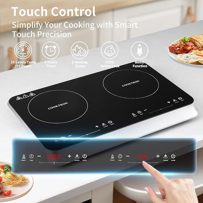 COOKTRON Double Induction Cooktop Burner with Fast Warm-Up Mode, 1800w 2 Burner with 10 Temperature 9 Power Settings, Portable Dual Induction Cooker Cooktop with Child Safety Lock & Time