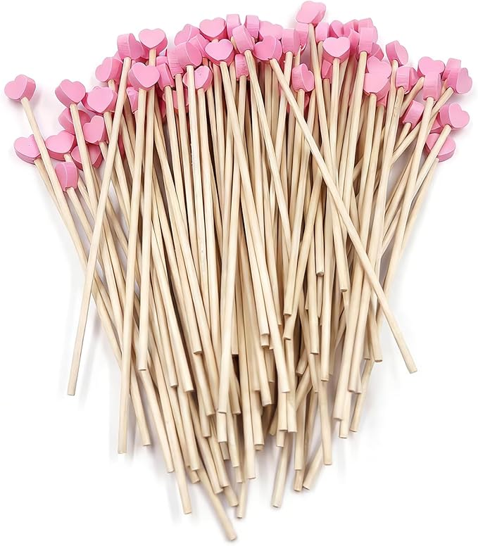 100 Pcs 6 Inch Pink Heart Shaped Valentine's Day Wooden Swizzle Sticks, Cocktail & Coffee Drink Stirrers, Rock Candy Sticks, Cake Pop Sticks, Lollipop Sticks for Anniversary, Wedding Party