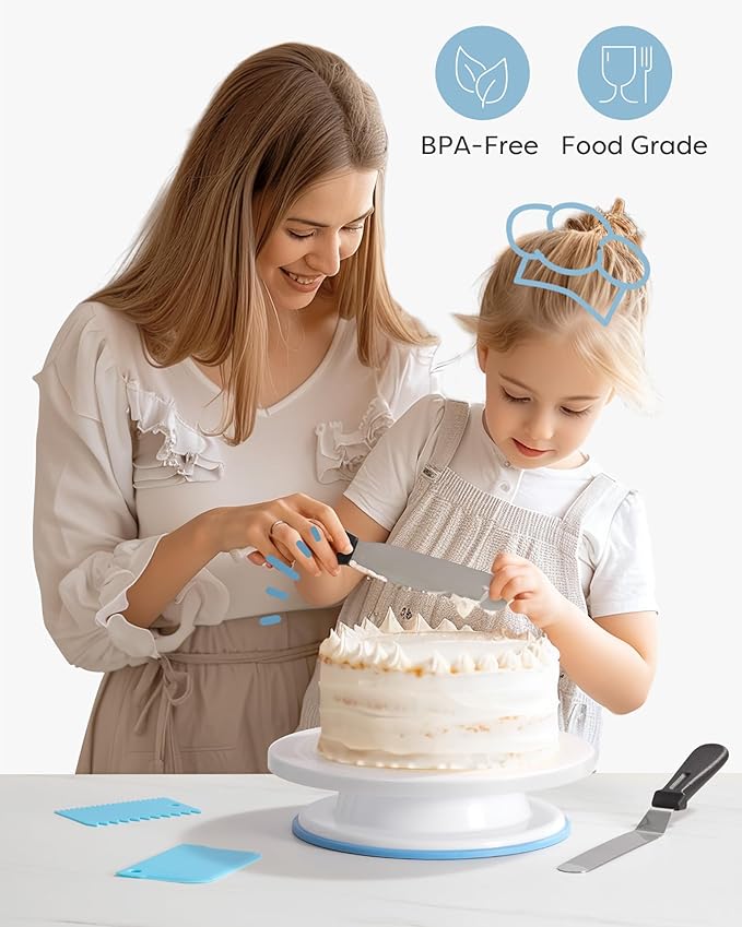 Kootek Cake Decorating Kit Baking Supplies Set Cake Turntable with 2 Frosting Straight Angled Spatula 3 Icing Smoother Scrapers Baking Accessories Tools for Beginners and Pros, Mother's Day, Blue